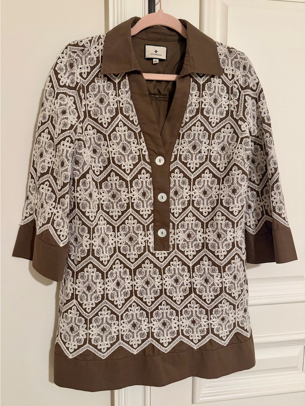 TUCKERNUCK
Brown Crochet Collier Dress